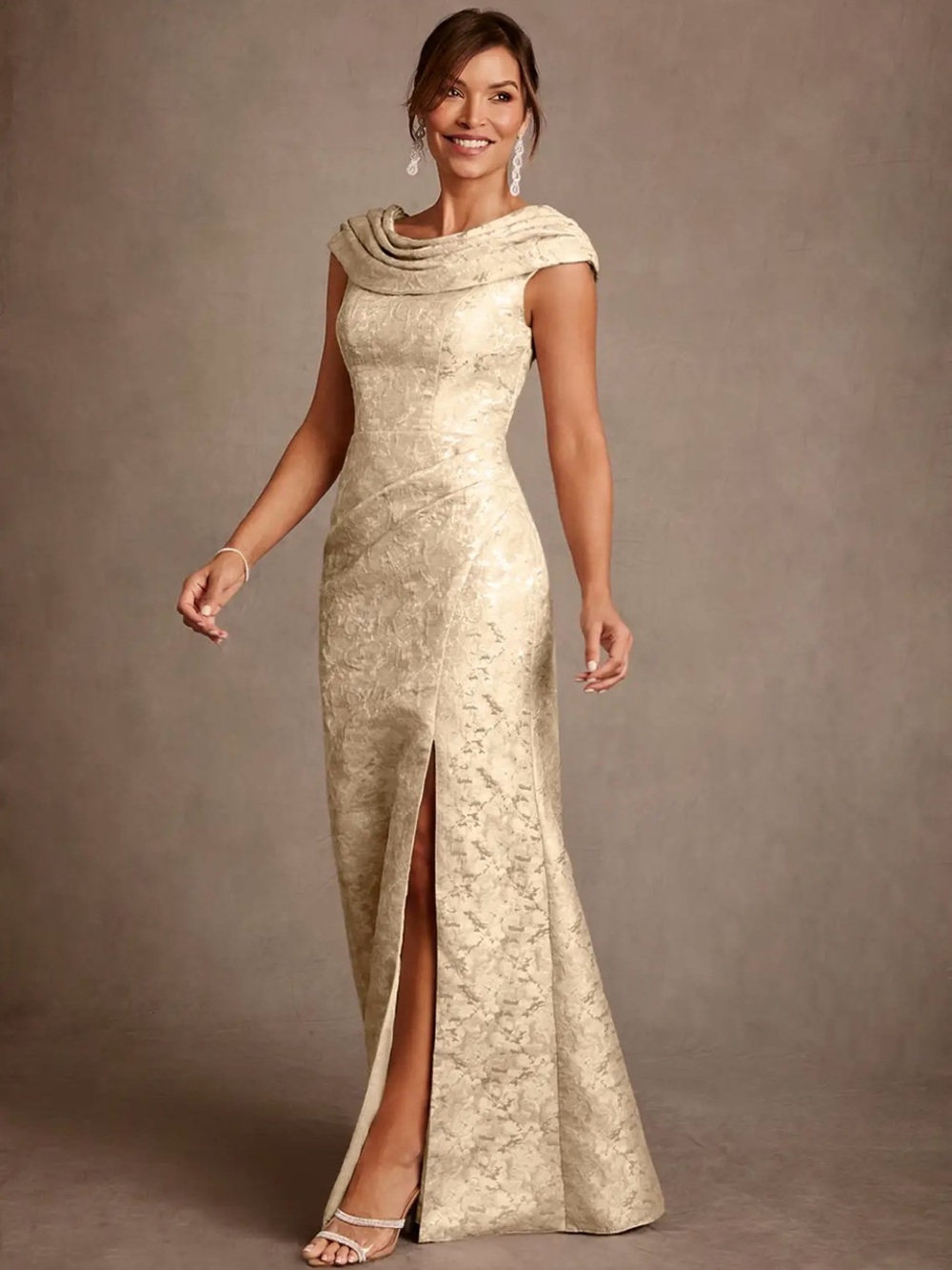 Azazie A-Line Pleated Floral Jacquard Dress Champagne Mother Bride Groom Size 8